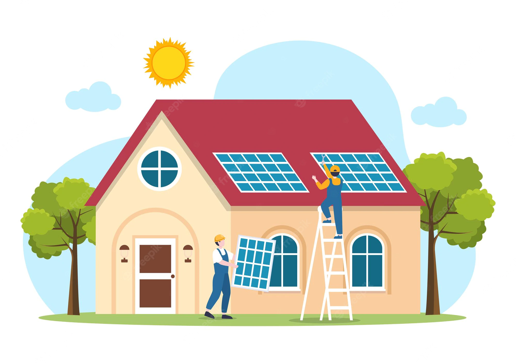 Tecknad bild på hus med solpaneler