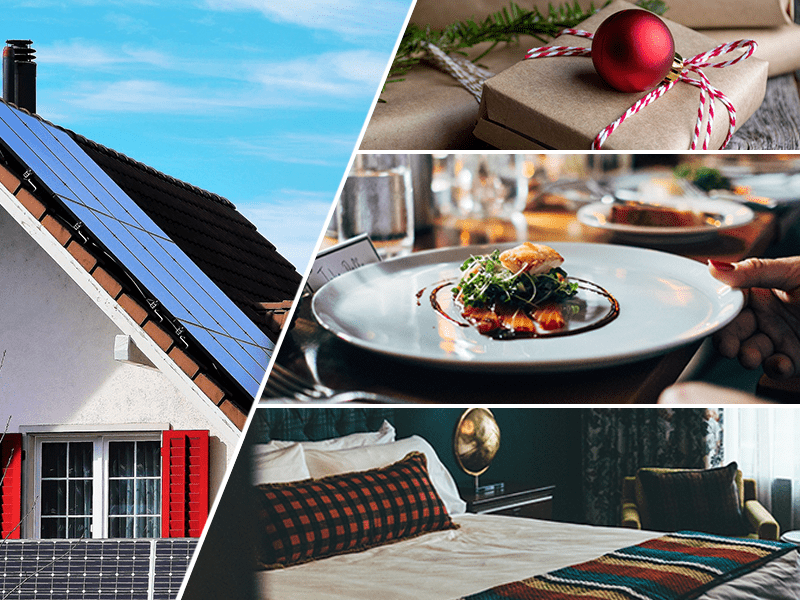 Collage med solpaneler, mat, julklapp och hotellsäng