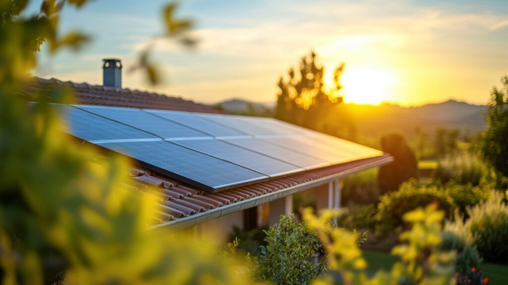 Solpaneler på villatak i Västerbottens inland en klar sommardag – effektiv produktion av solel i norrländskt landskap.